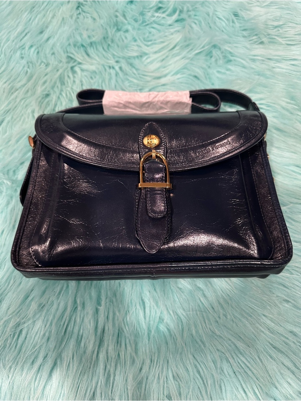 Louis Feraud Dark Blue Leather Shoulder Bag with Gold Buckle